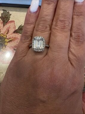 Suzy Levian Sterling Silver Emerald-Cut Halo Ring in White